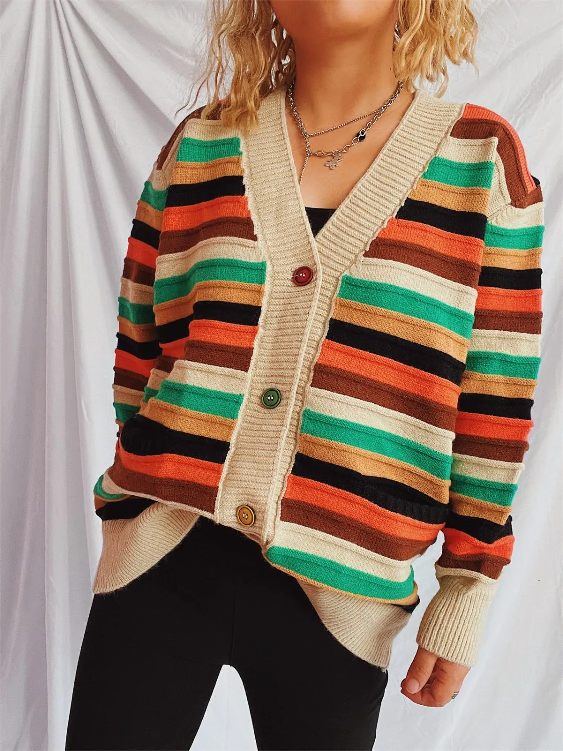 🌟 Contrast Stripes Button-Up Long Sleeve Cardigan 🌟