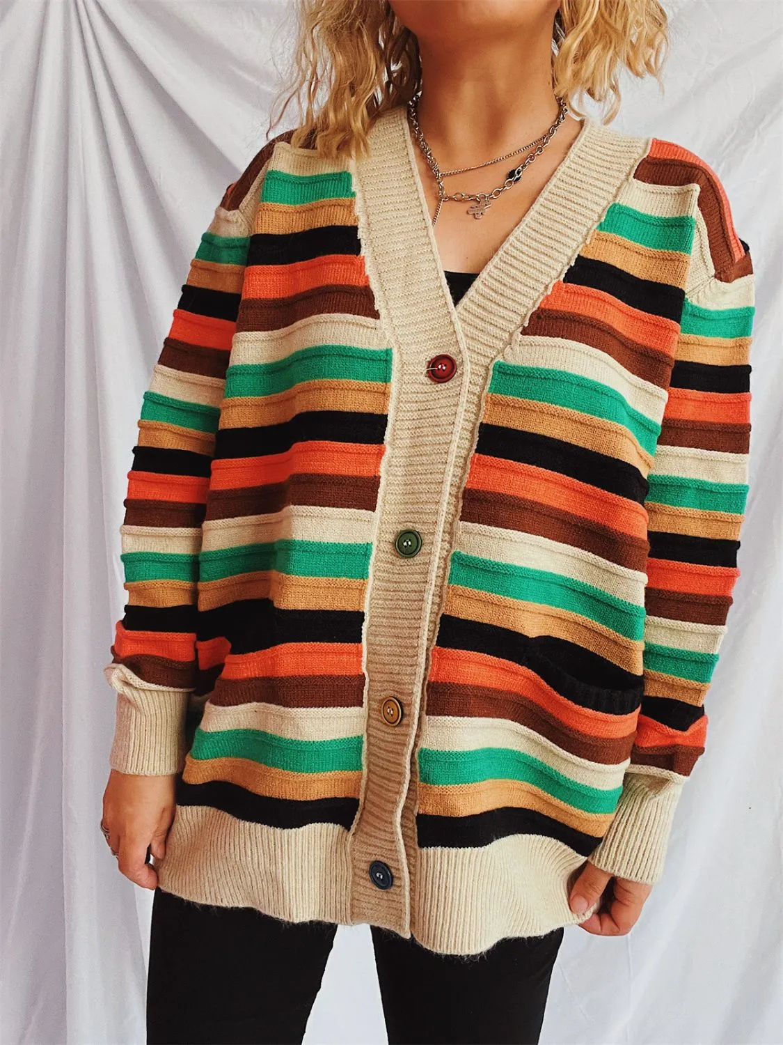 🌟 Contrast Stripes Button-Up Long Sleeve Cardigan 🌟