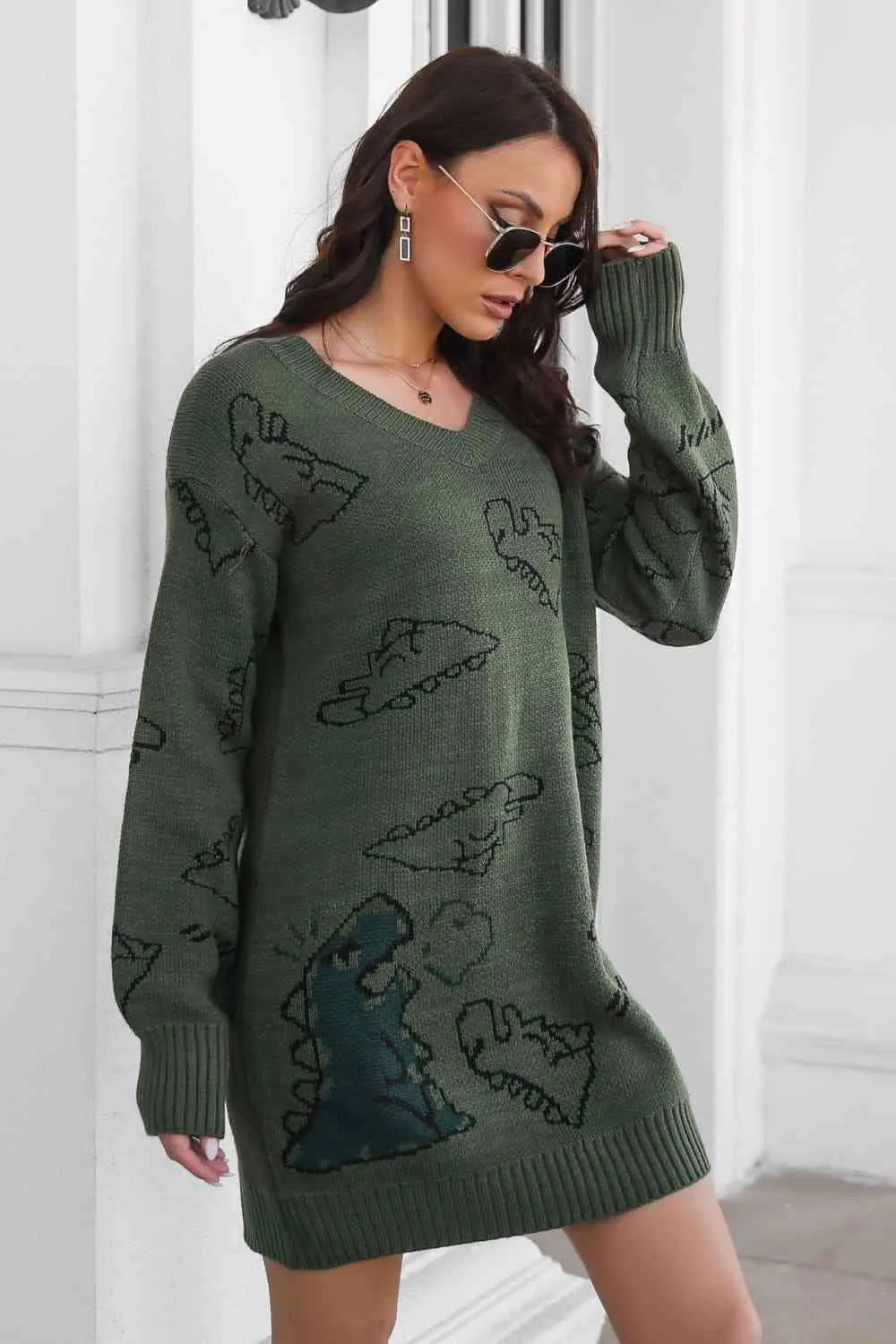 🦖 Dinosaur Pattern V-Neck Sweater Dress 🦖