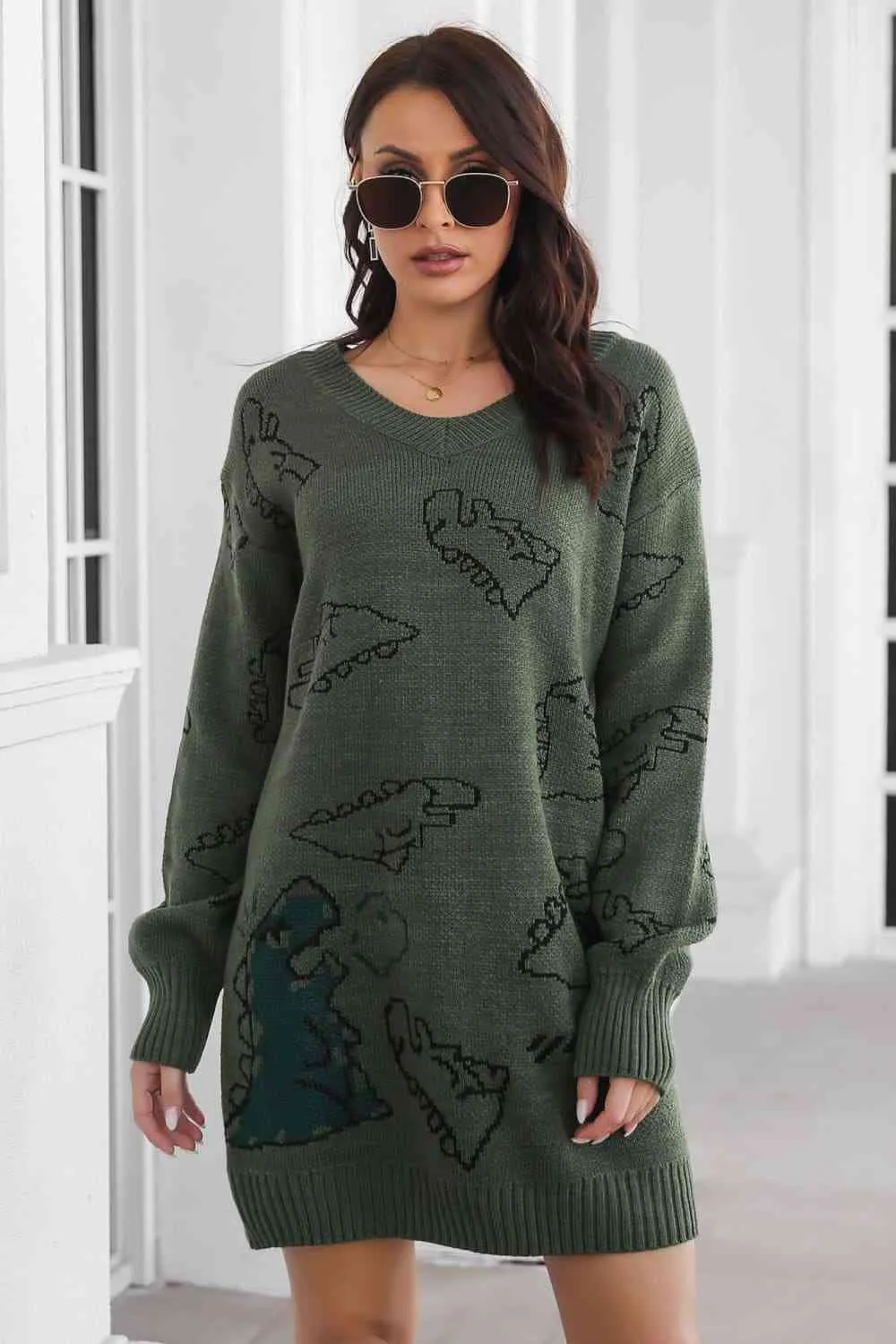 🦖 Dinosaur Pattern V-Neck Sweater Dress 🦖