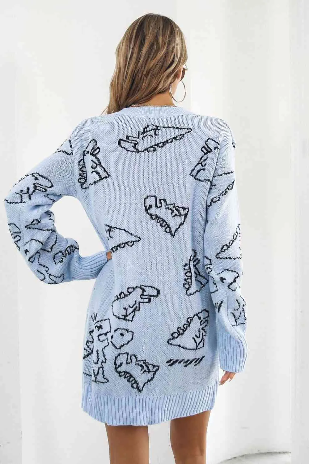 🦖 Dinosaur Pattern V-Neck Sweater Dress 🦖