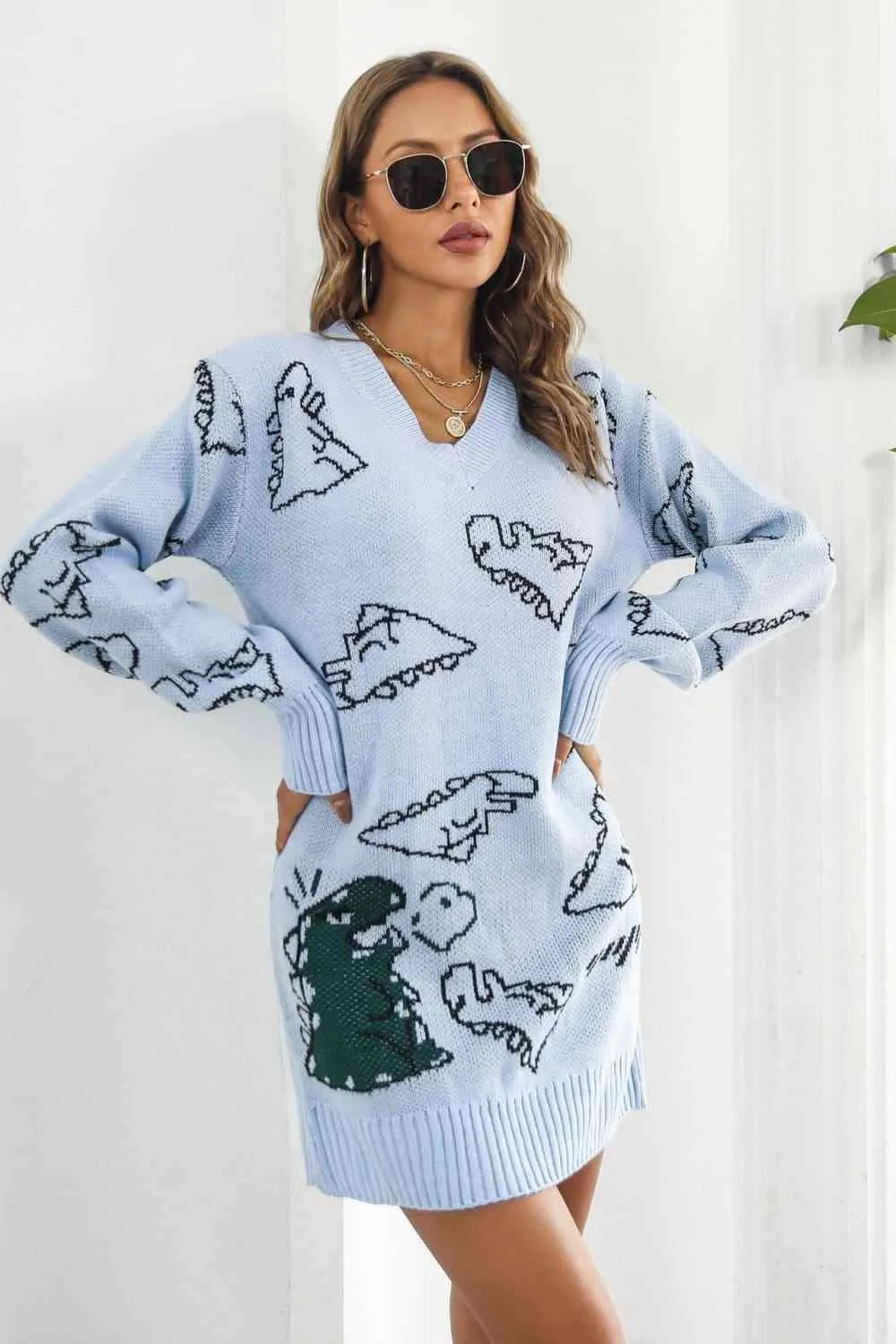 🦖 Dinosaur Pattern V-Neck Sweater Dress 🦖