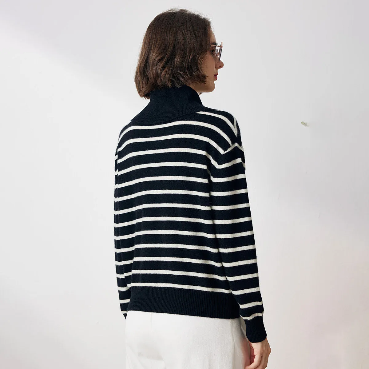 100% Cashmere Striped Zip Collar Knitted Sweater