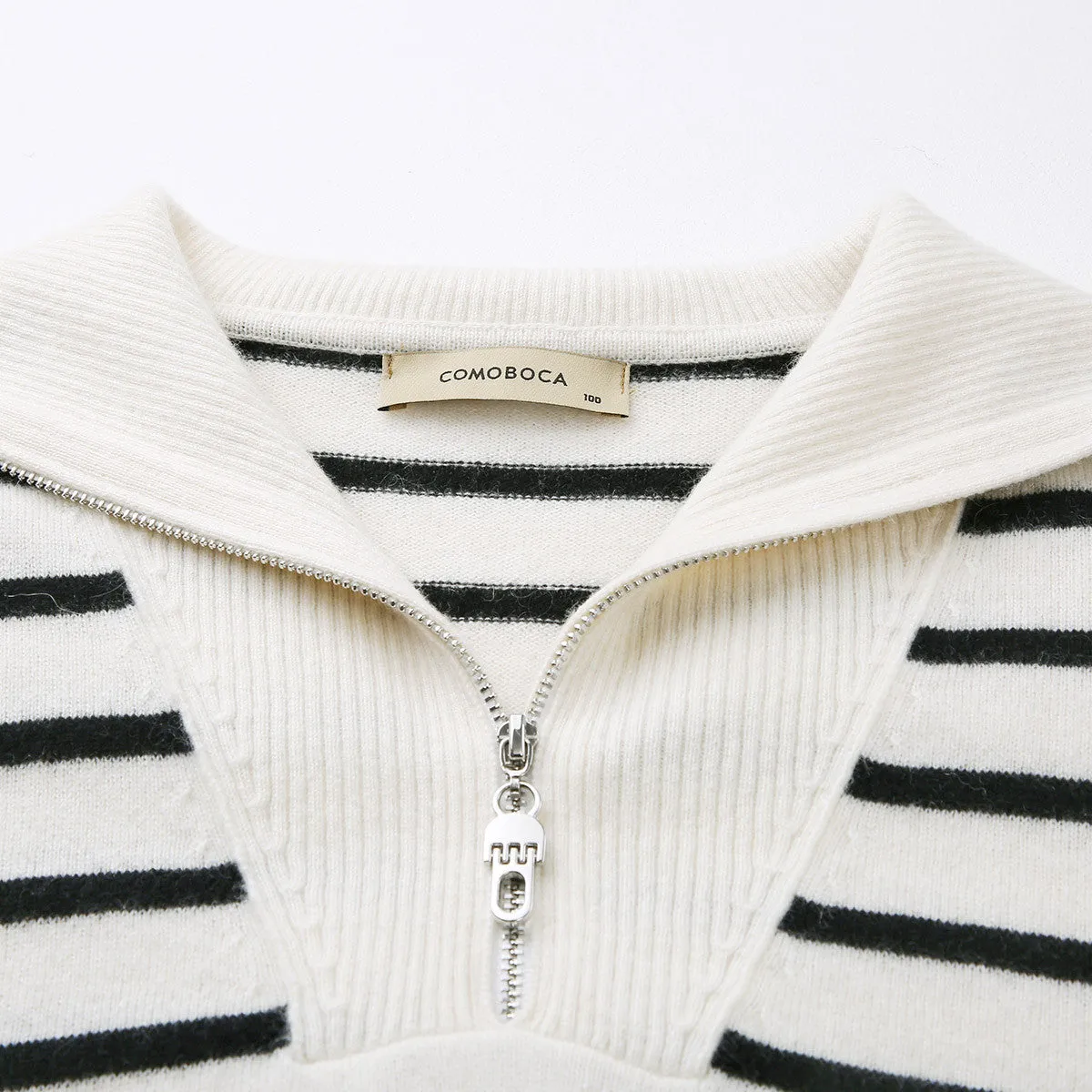 100% Cashmere Striped Zip Collar Knitted Sweater