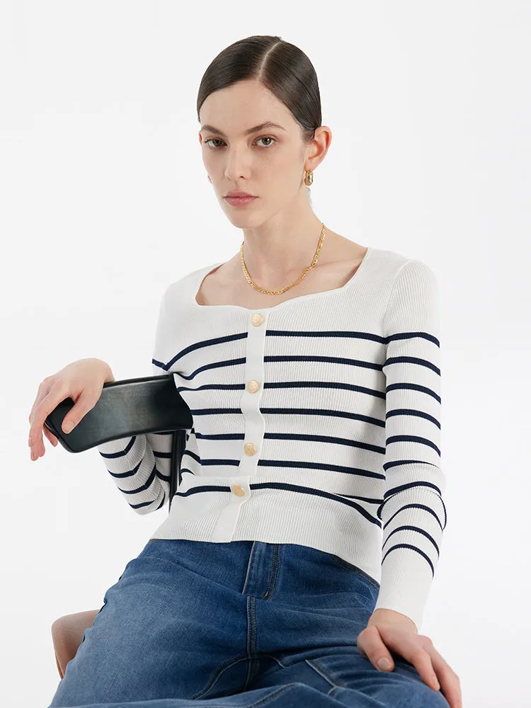 Acetate Square Neck Striped Women Knit Top