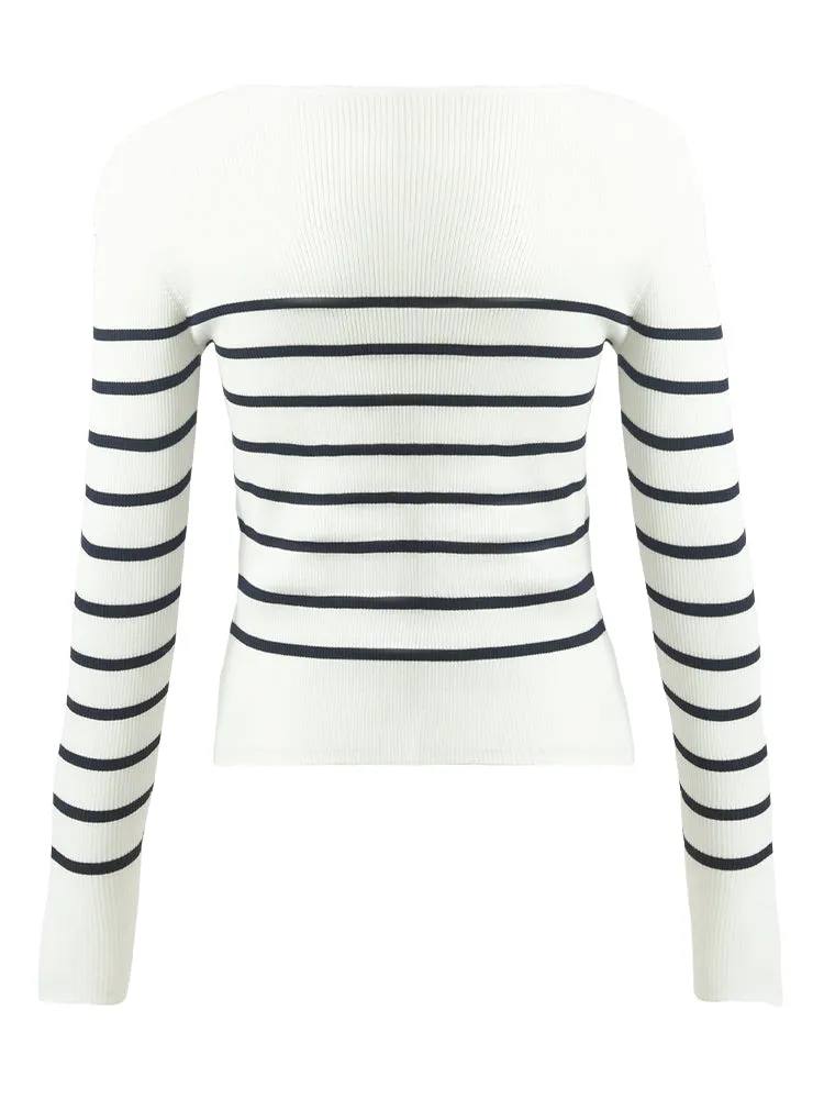 Acetate Square Neck Striped Women Knit Top