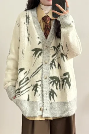 American Retro Lazy Wind Bamboo Ink Painting Knitwear Cardigan Sweater Jacket