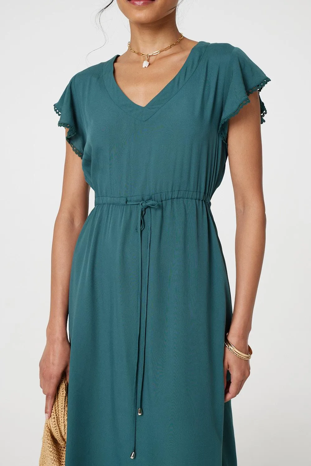 Angel Sleeve Drawstring Waist Midi Dress