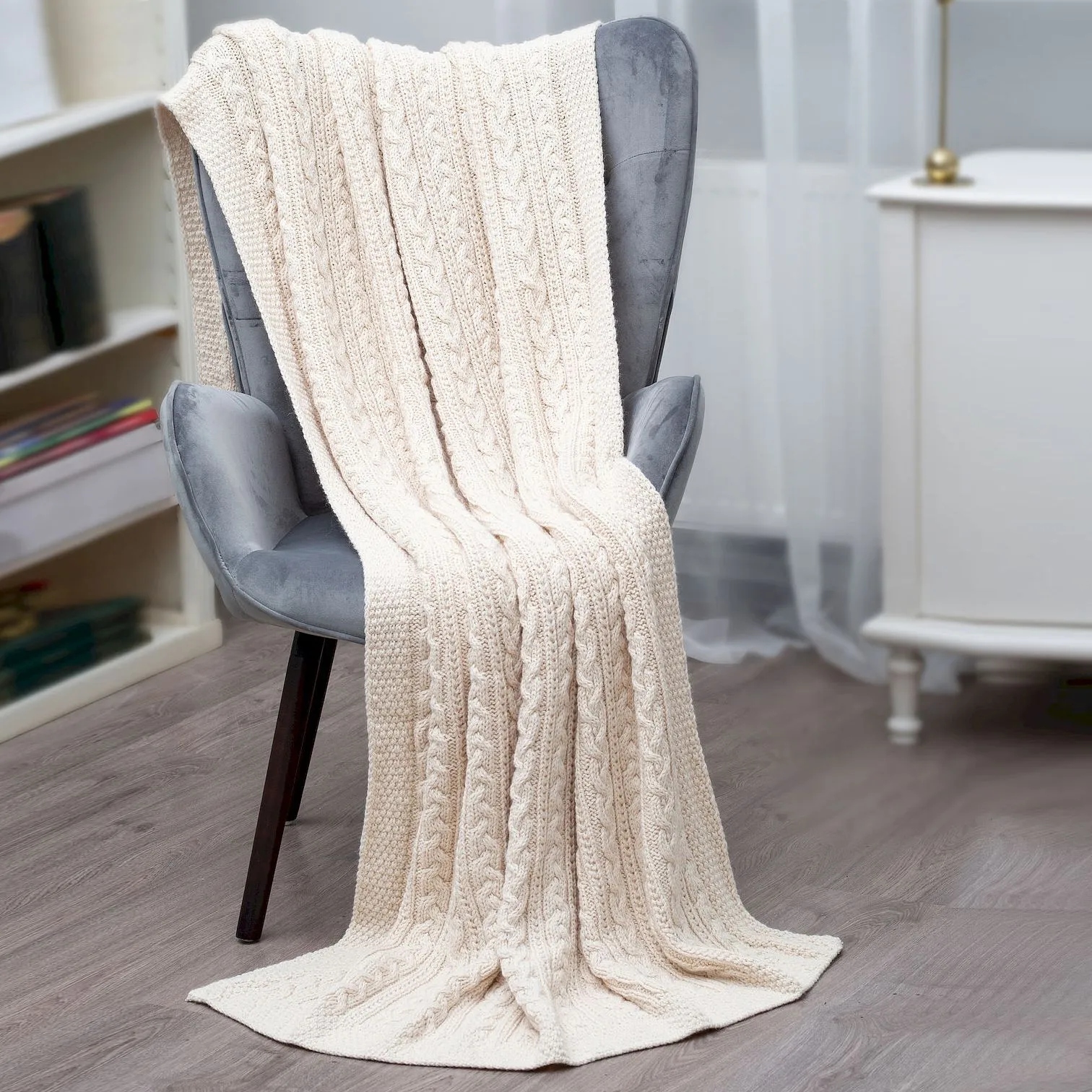 Aran Cable Knit Irish Blanket in Merino Wool Blend