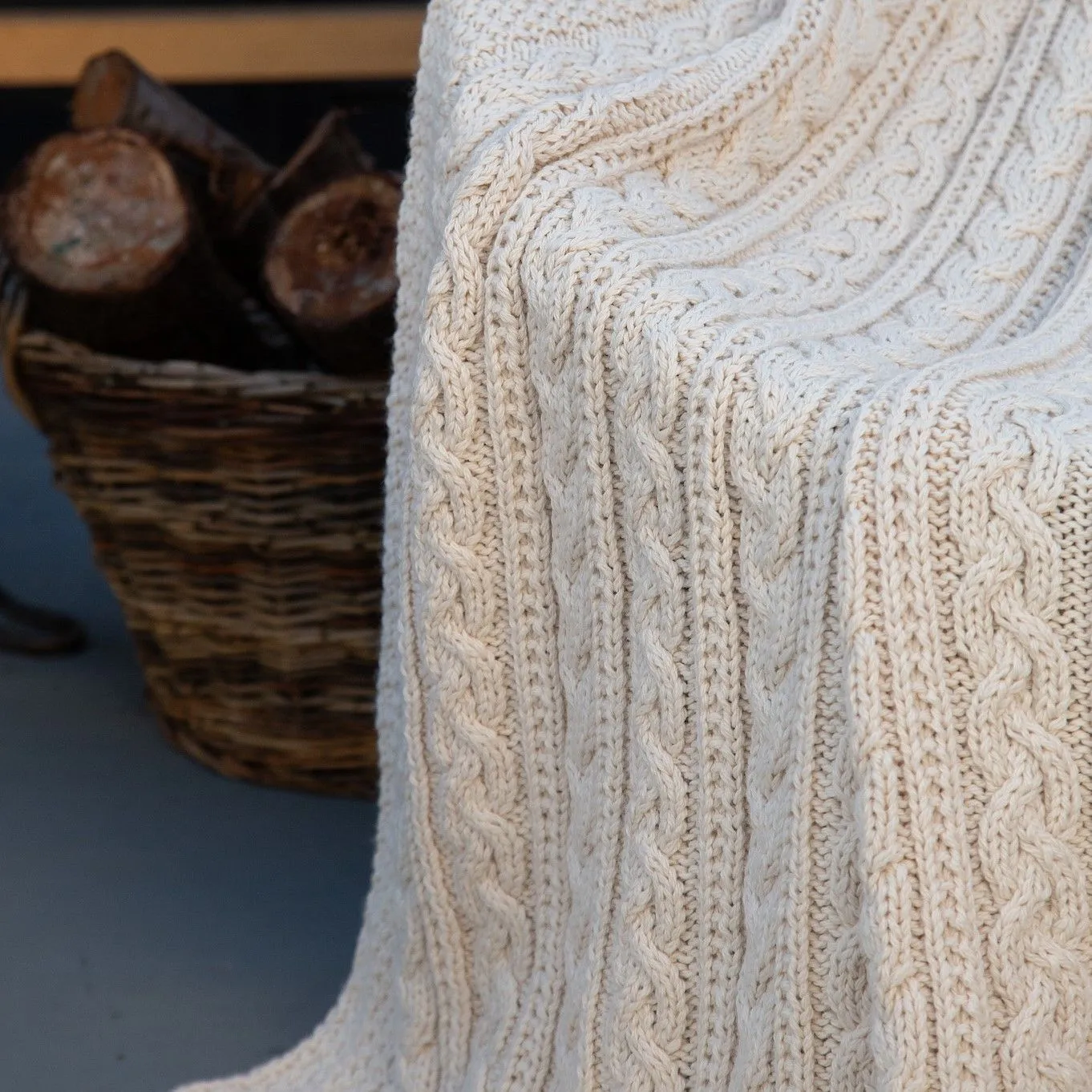 Aran Cable Knit Irish Blanket in Merino Wool Blend