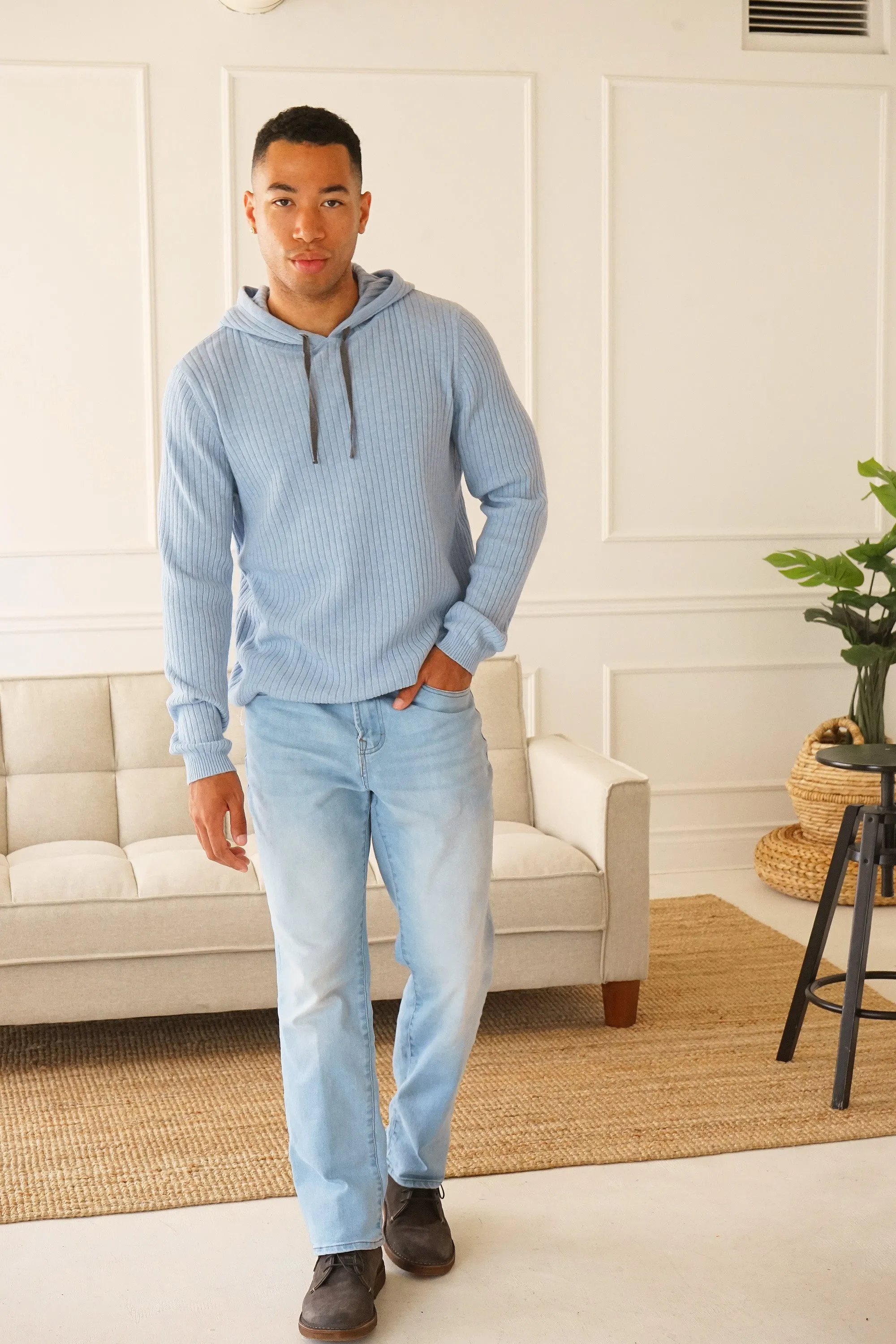 Austin Ribbed Knit Pale Blue Hoodie