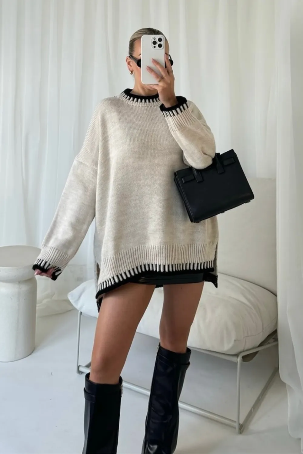 Avery cream contrast trim knit jumper