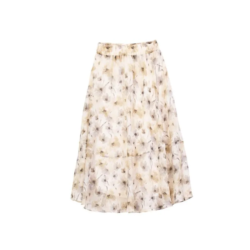 Beige Printed Flower Pattern Skirts