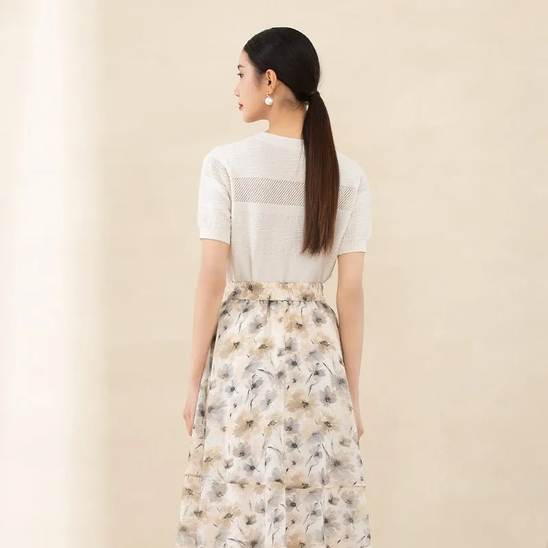 Beige Printed Flower Pattern Skirts