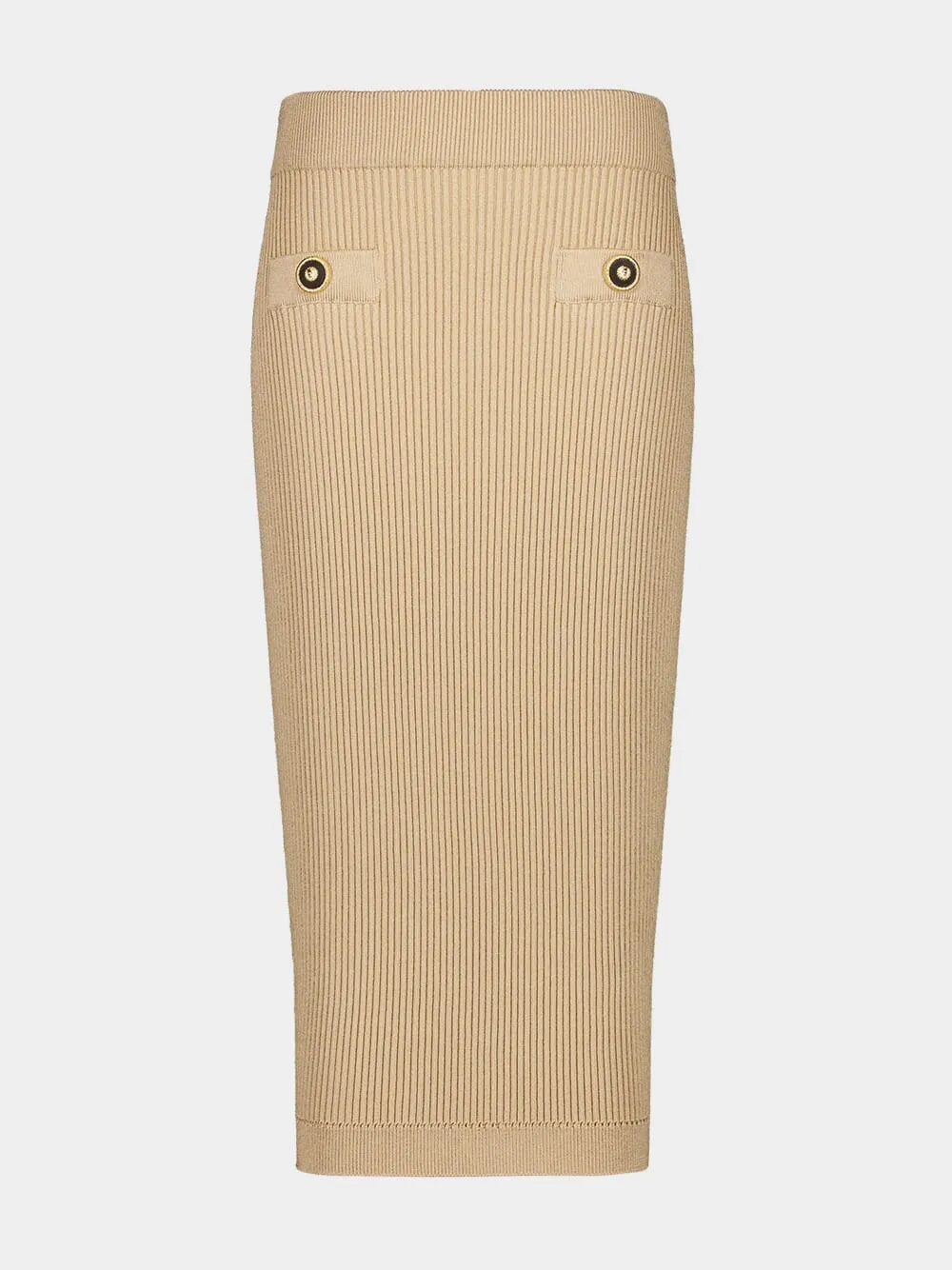 Beige Ribbed Knit Midi Skirt