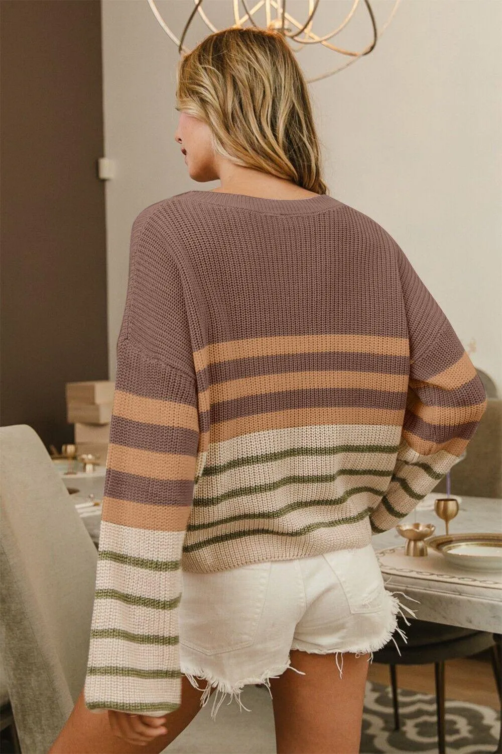 BiBi Sweater Striped Color Block Long Sleeve Soft Warm Casual Women Knitwear