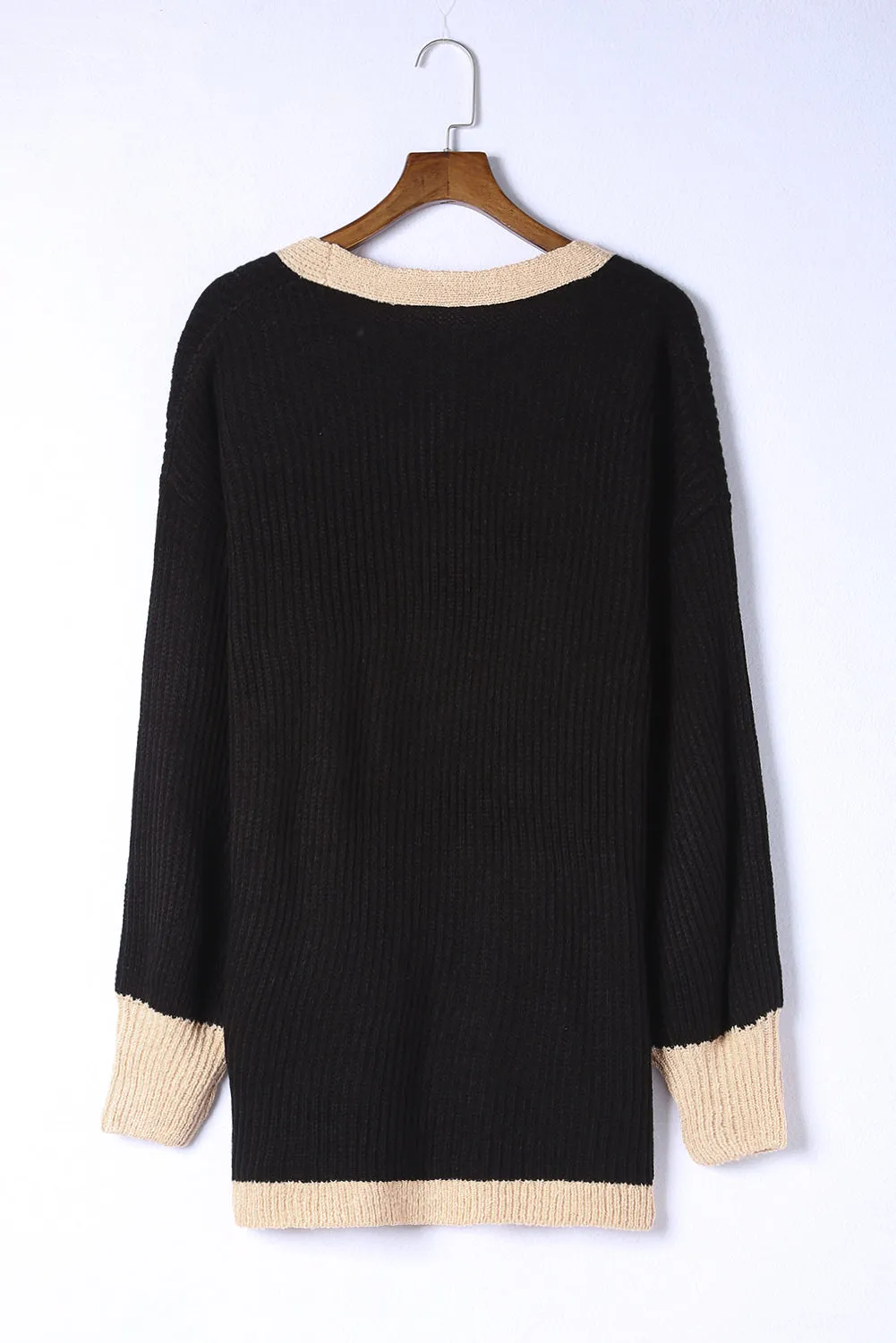 Black Contrast Trim Open Front Lantern Sleeves Cardigan