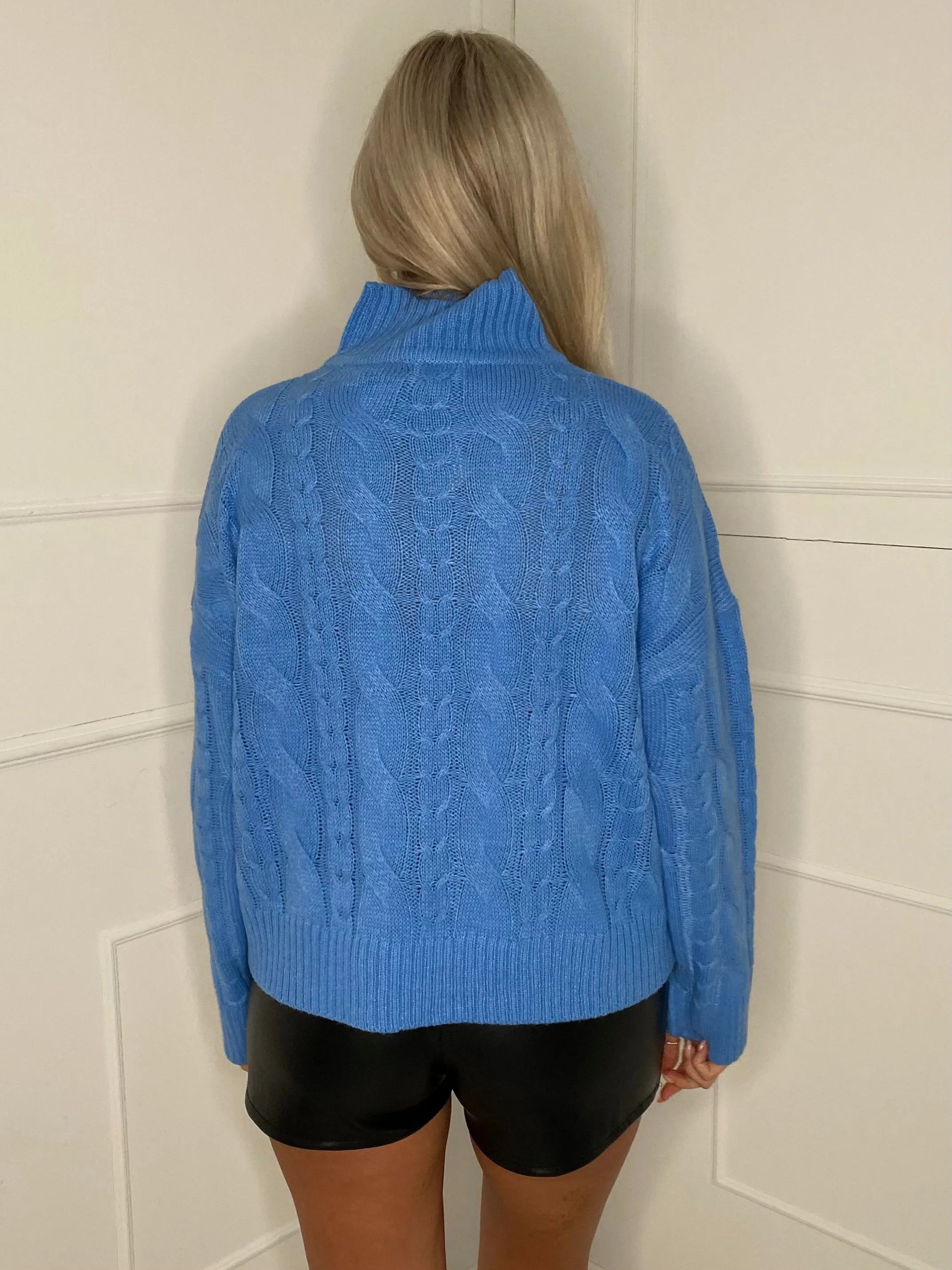 Cable Knit Style High Neck Jumper - Baby Blue