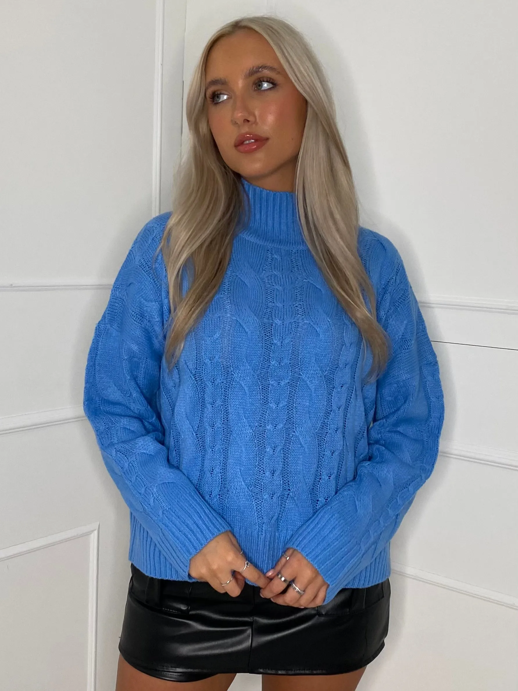 Cable Knit Style High Neck Jumper - Baby Blue