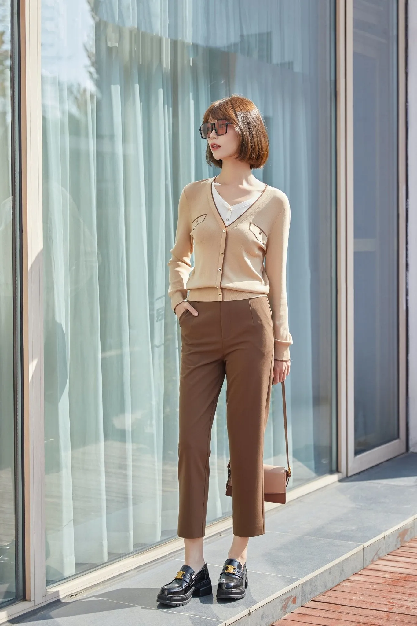 Camel Fake Two Piece V Neck Knit Sweater