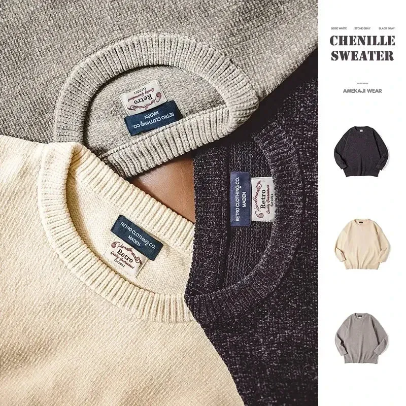 Casual Chenille Round Neck Jumper - Men's Skin-friendly Beige Knitwear