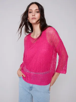 Charlie B Fishnet Crochet V-Neck Sweater