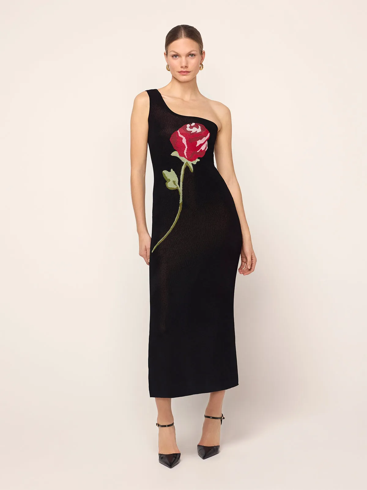 Chloe Black Rose One Shoulder Knit Dress