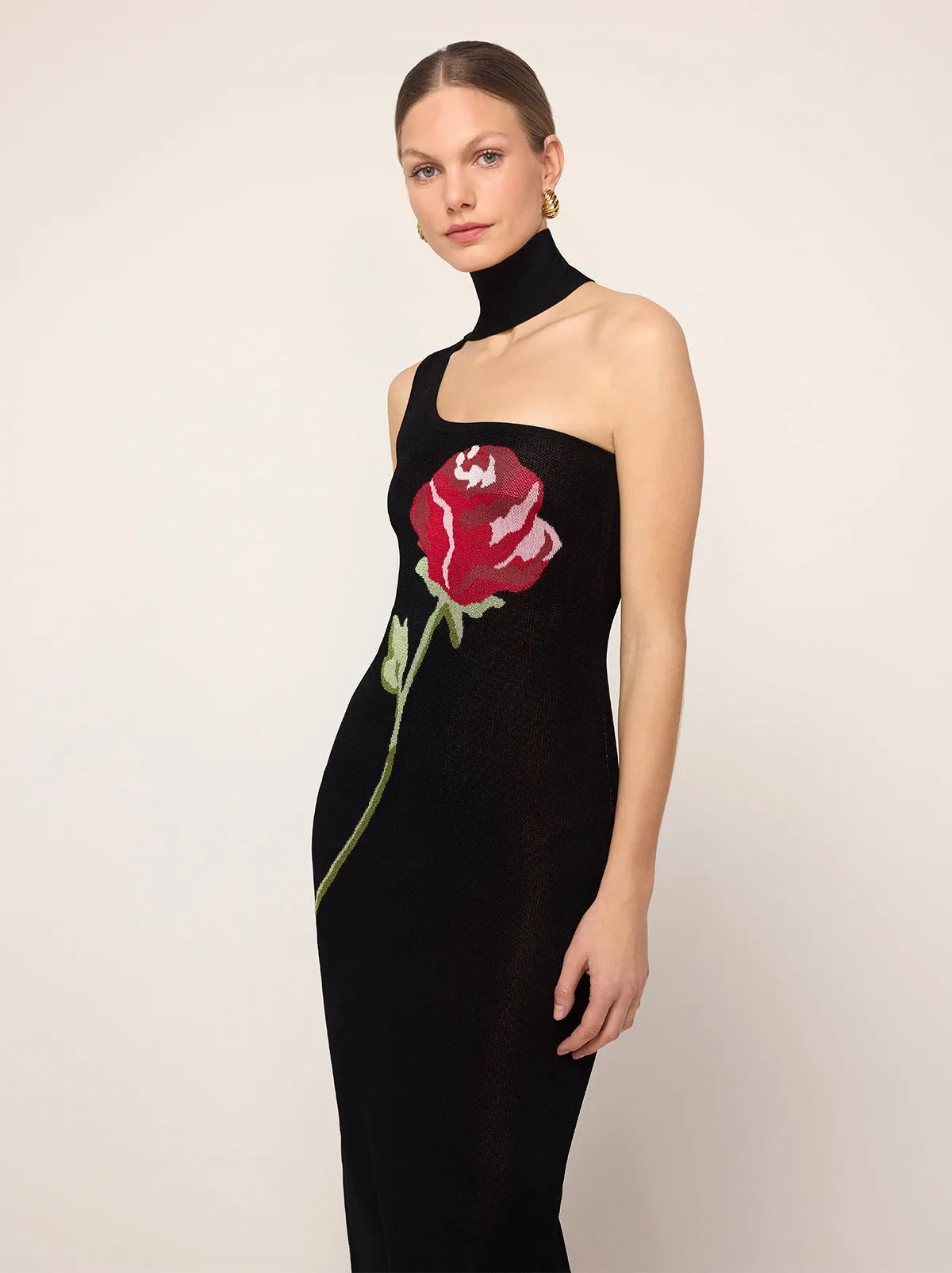 Chloe Black Rose One Shoulder Knit Dress