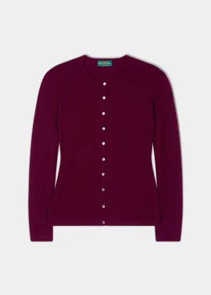 Clare Ladies Cashmere Crew Neck Cardigan In Bordeaux