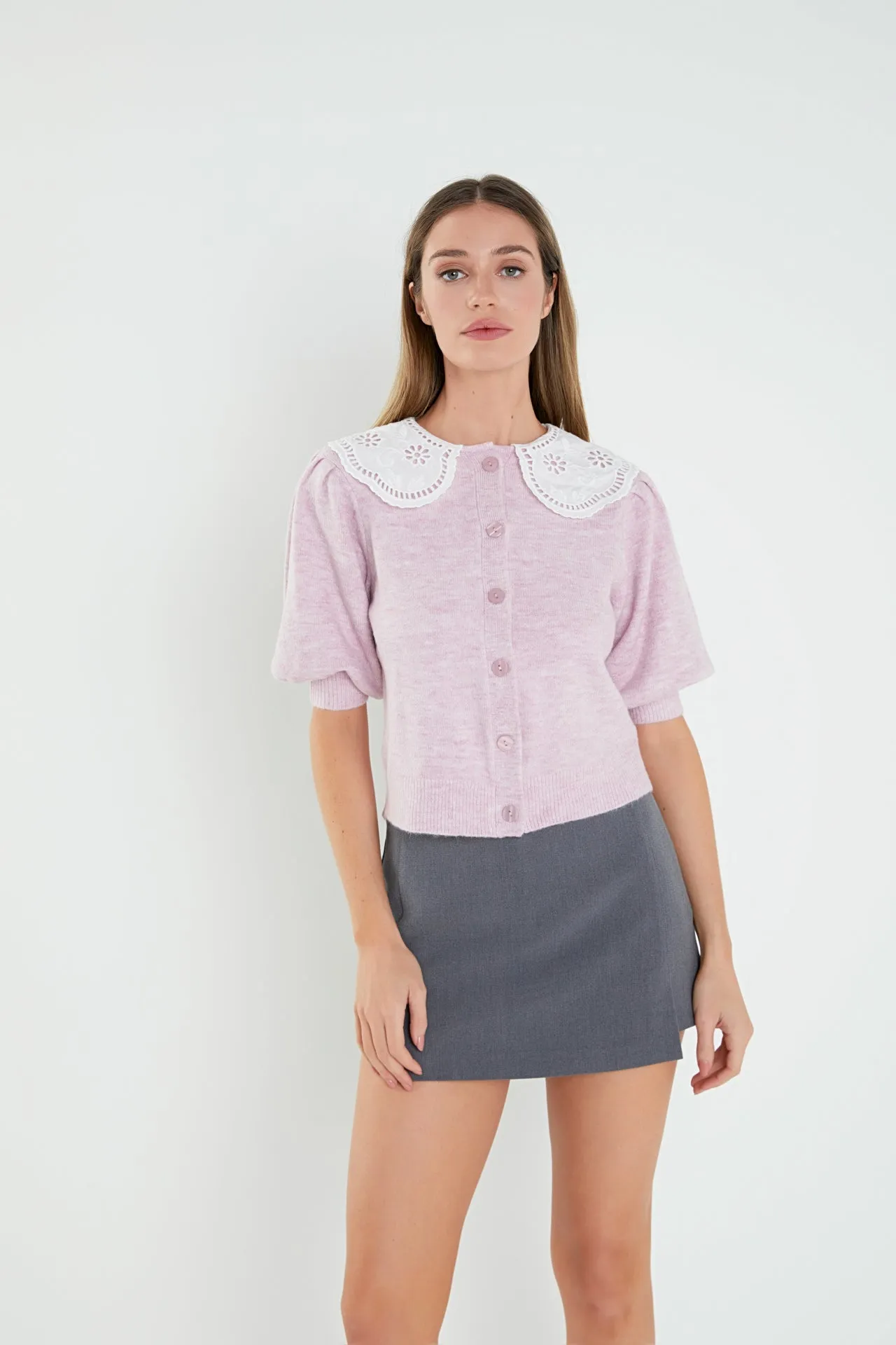 Collar Detail Short Puff Sleeve Cardigan