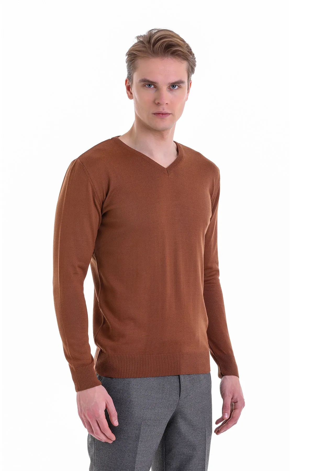 Comfort Fit Wool Blend Tobacco V-Neck Sweater