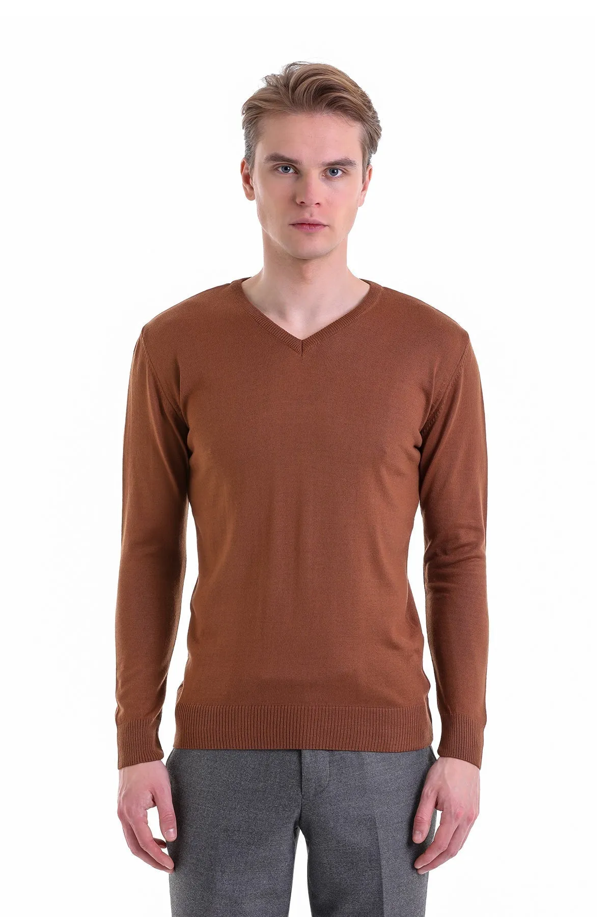 Comfort Fit Wool Blend Tobacco V-Neck Sweater