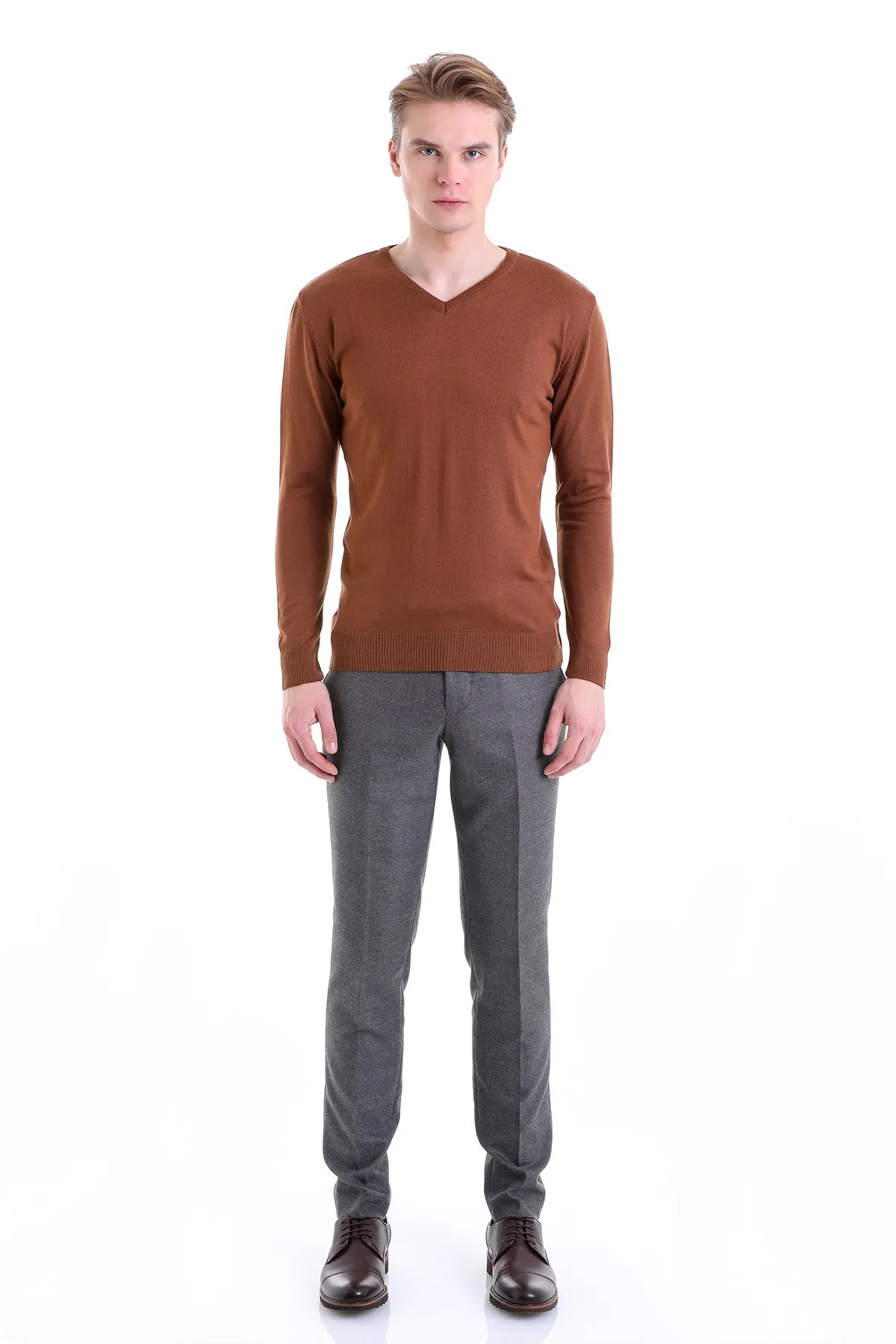 Comfort Fit Wool Blend Tobacco V-Neck Sweater