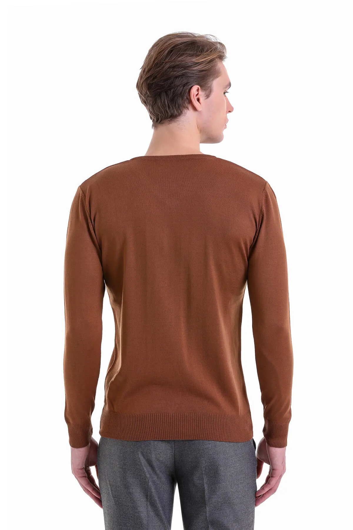 Comfort Fit Wool Blend Tobacco V-Neck Sweater