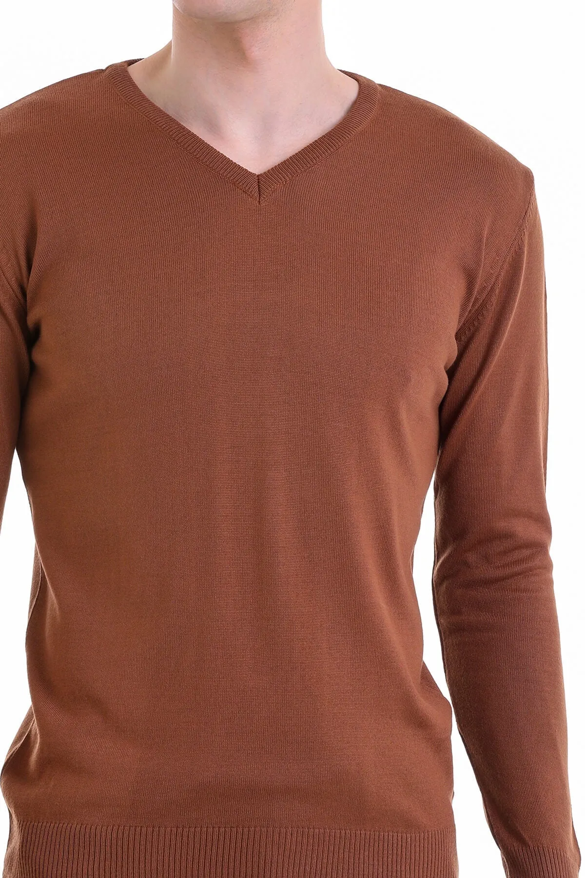 Comfort Fit Wool Blend Tobacco V-Neck Sweater