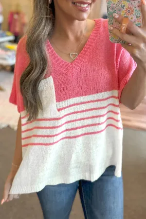 Contrast Stripes V Neck Knitted Short Sleeve Top