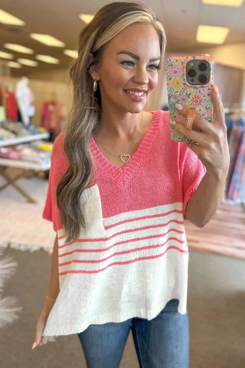 Contrast Stripes V Neck Knitted Short Sleeve Top