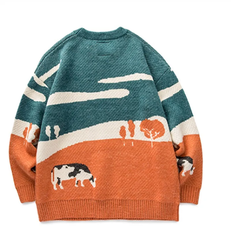 Cows Vintage Winter Sweater Warm Daily Knitwear Pullover Male Korean Casual O Neck Jumper Sweater BF Harajuku Knit Coats