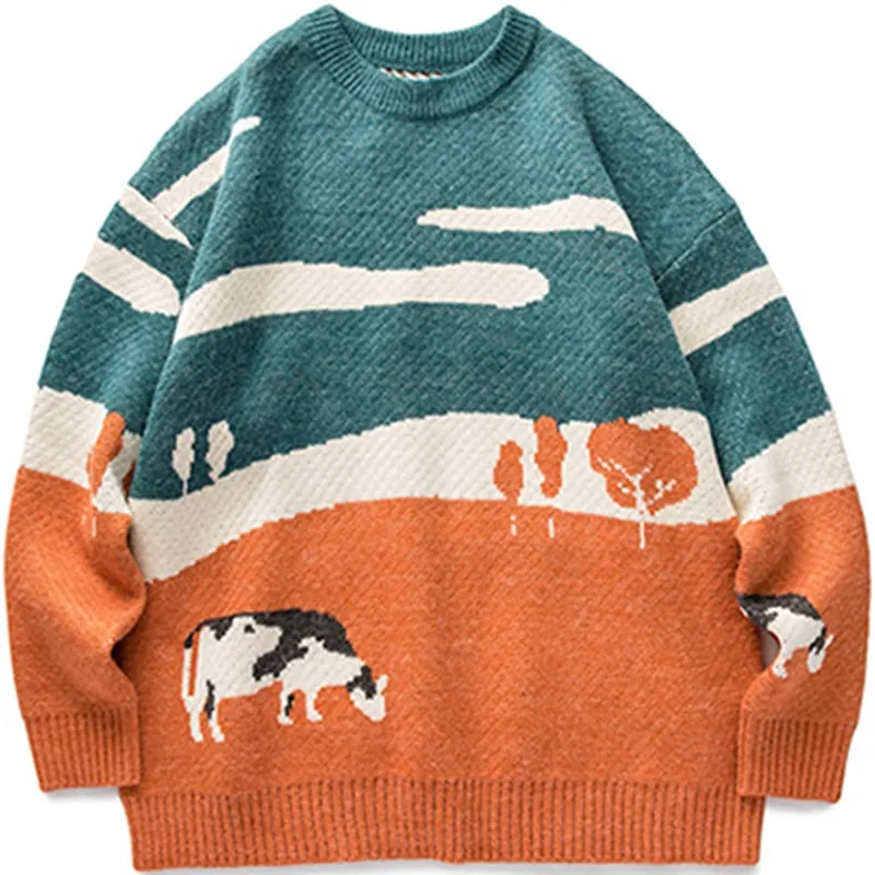 Cows Vintage Winter Sweater Warm Daily Knitwear Pullover Male Korean Casual O Neck Jumper Sweater BF Harajuku Knit Coats