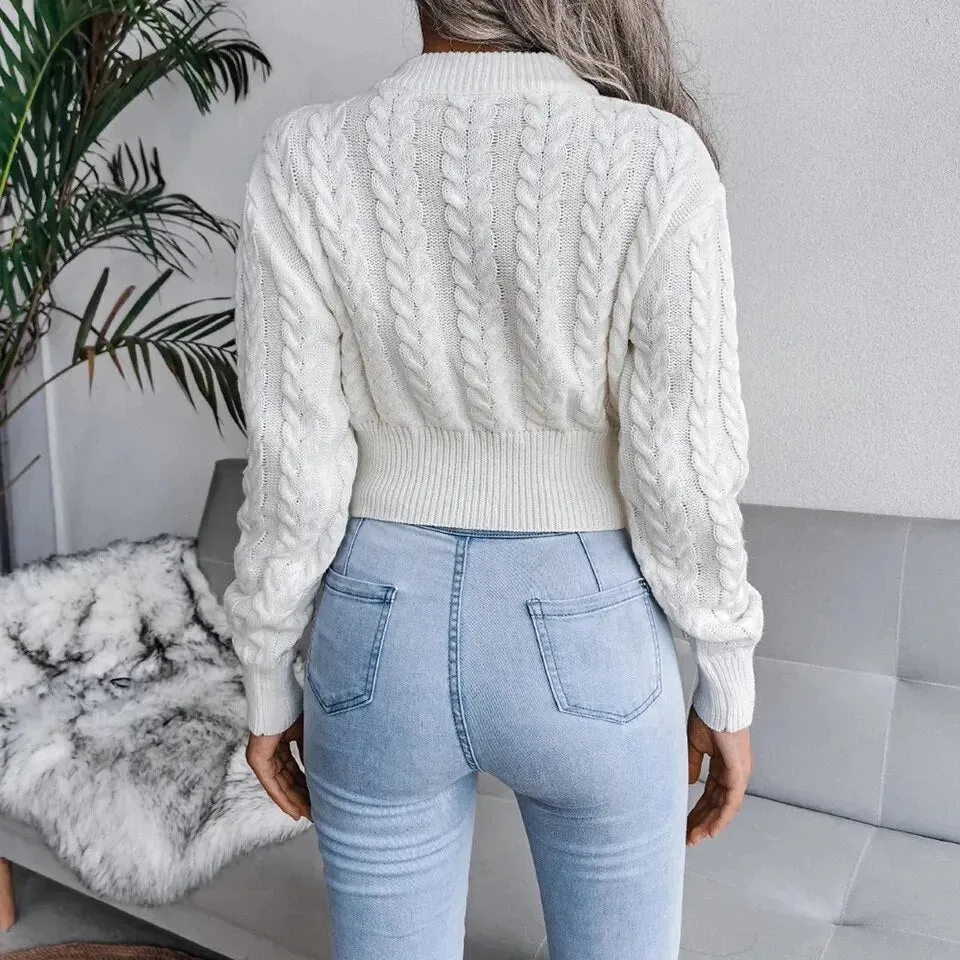 Crop Cable Knit Sweater Long Sleeve Pullover Women*