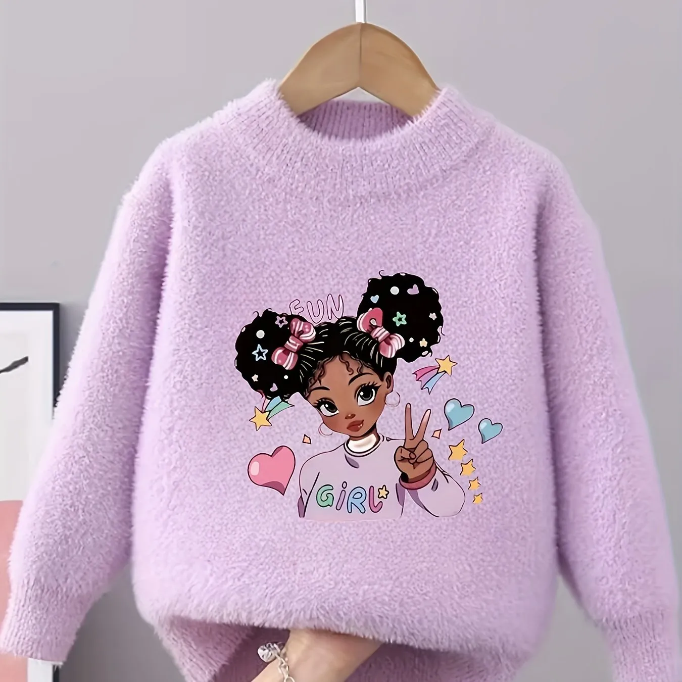 Cute Doll Pattern Faux Mink Fleece Sweater for Girls - Cozy Crew Neck Jumper