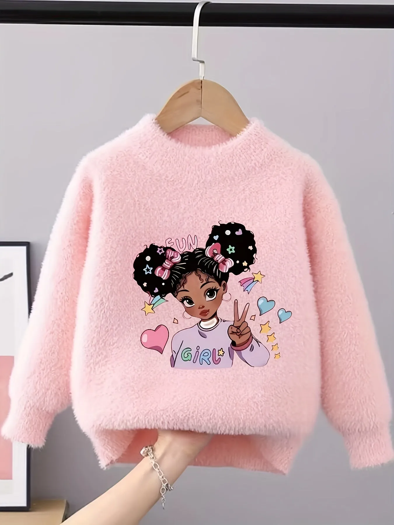 Cute Doll Pattern Faux Mink Fleece Sweater for Girls - Cozy Crew Neck Jumper