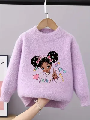 Cute Doll Pattern Faux Mink Fleece Sweater for Girls - Cozy Crew Neck Jumper