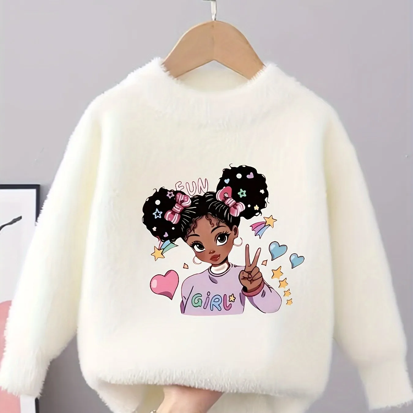 Cute Doll Pattern Faux Mink Fleece Sweater for Girls - Cozy Crew Neck Jumper