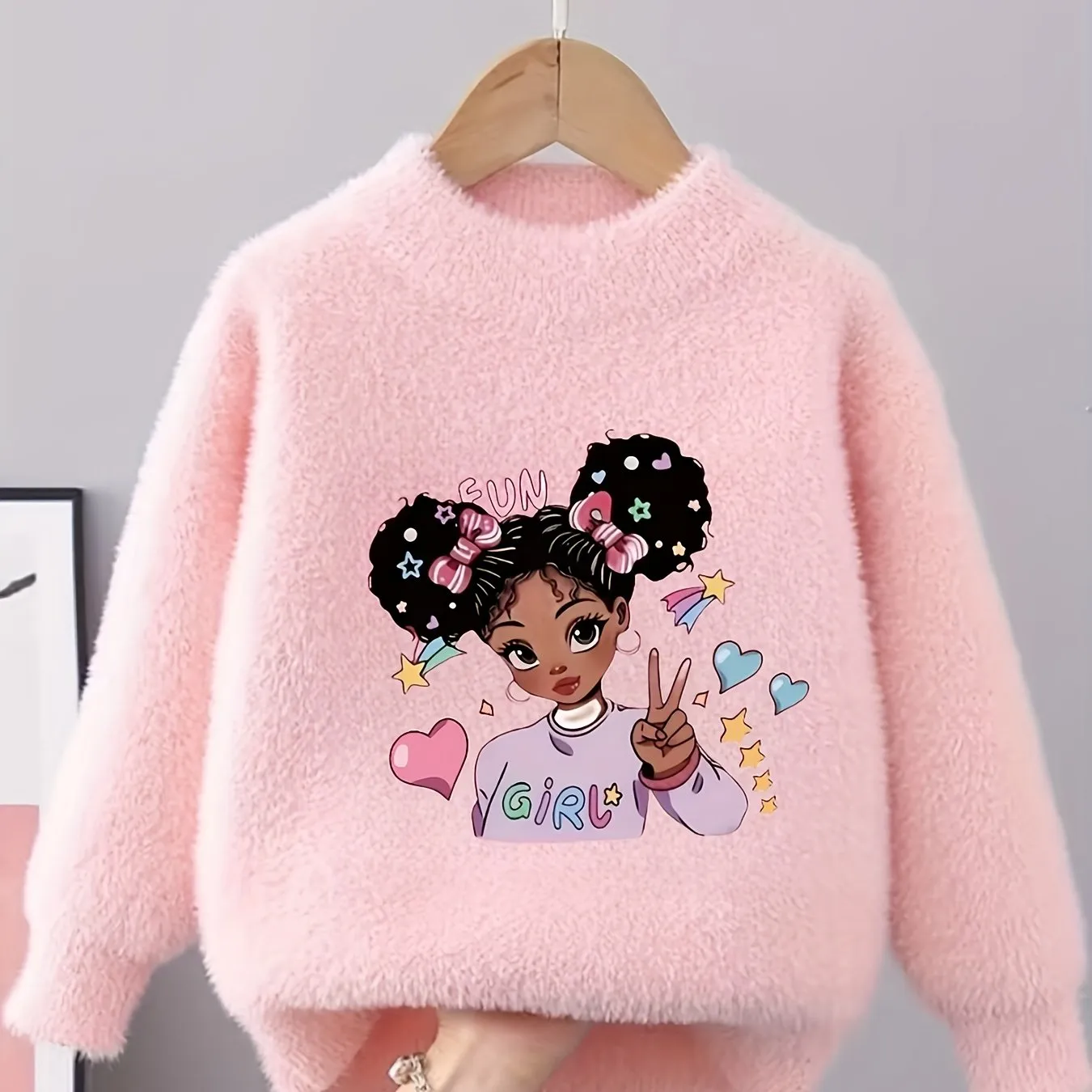 Cute Doll Pattern Faux Mink Fleece Sweater for Girls - Cozy Crew Neck Jumper