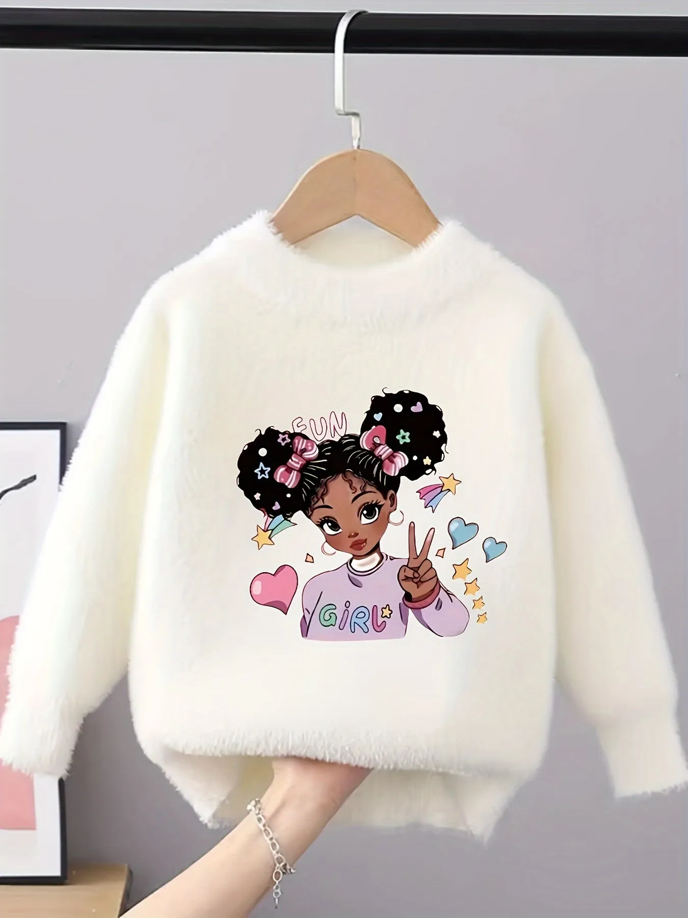 Cute Doll Pattern Faux Mink Fleece Sweater for Girls - Cozy Crew Neck Jumper