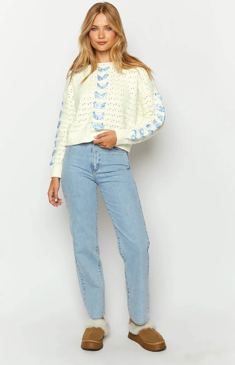 Darling White Knit Blue Ribbon Sweater