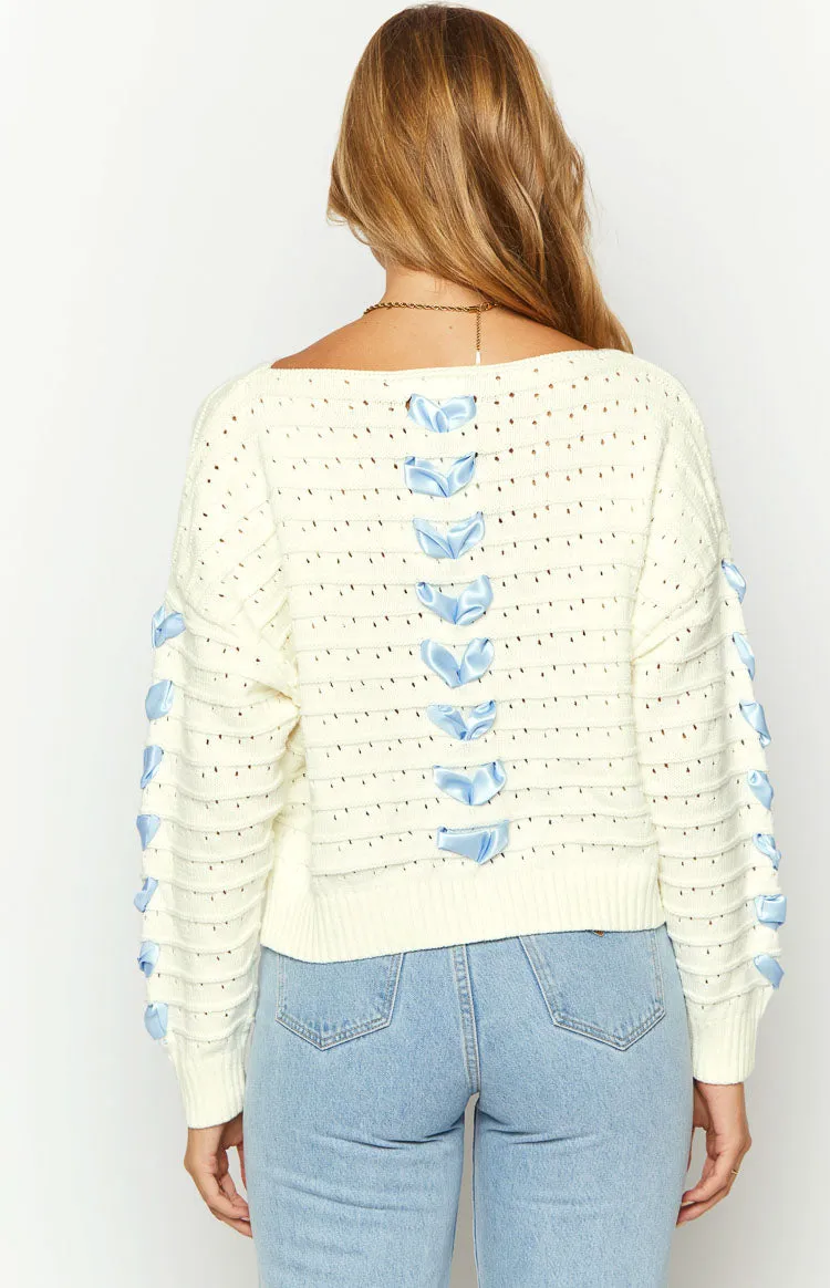 Darling White Knit Blue Ribbon Sweater