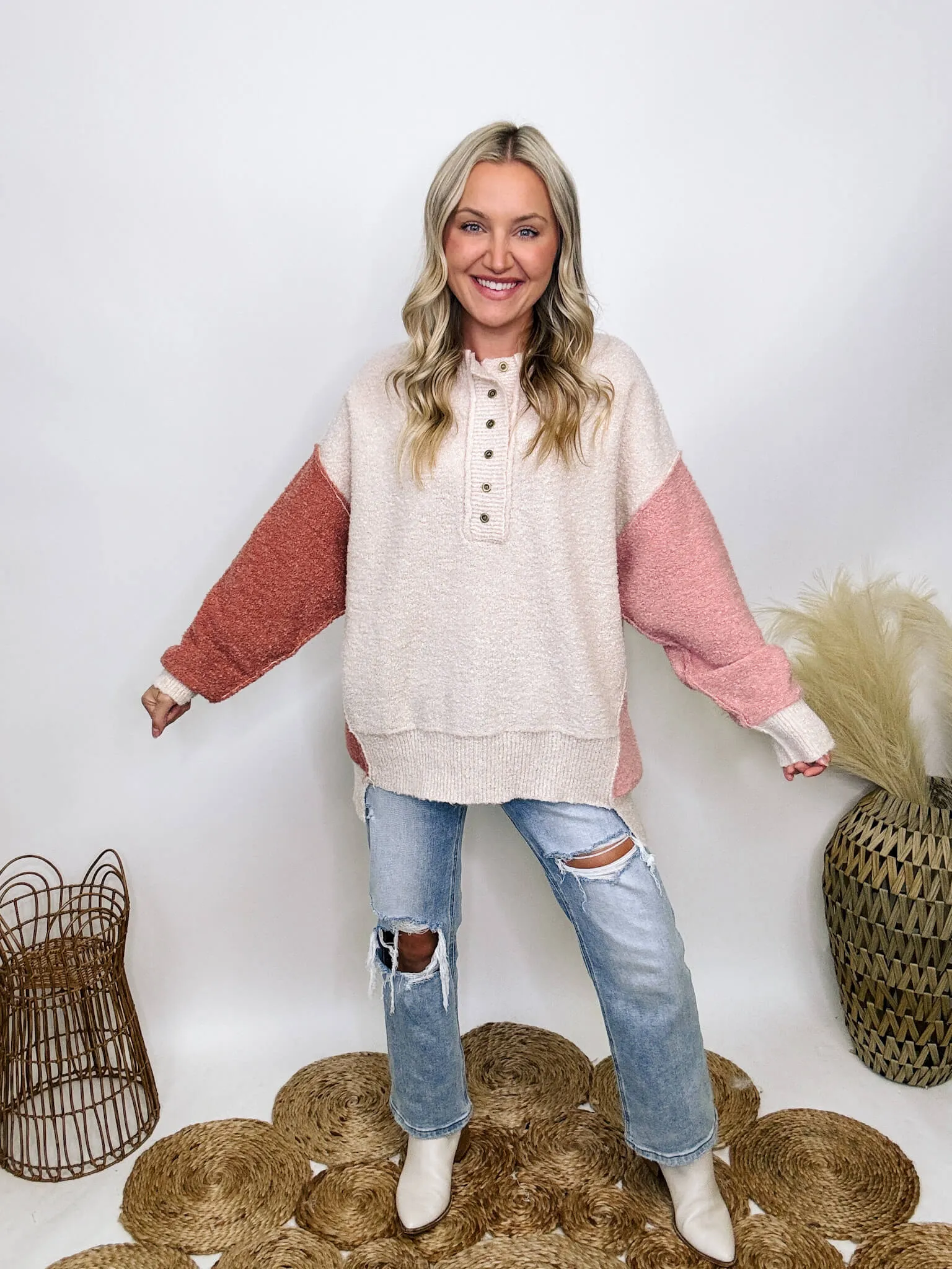 DOORBUSTER - Blush, Mauve and Oatmeal Colorblock Button Down Oversized Sweater