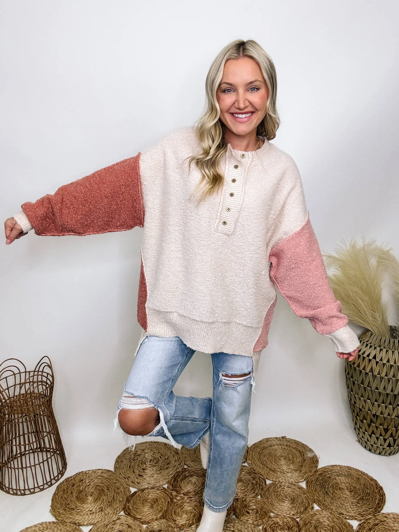 DOORBUSTER - Blush, Mauve and Oatmeal Colorblock Button Down Oversized Sweater